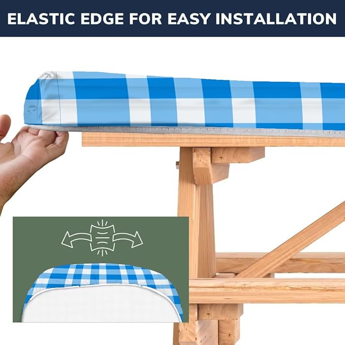 CAPSCEOLL Elastic Picnic Table Cover with Bench Covers 5Ft Waterproof Fitted Picnic Table Cover Cloths for Outdoors Camping Tablecloth with Drawstring Bag, 60X30in, Blue Checkered