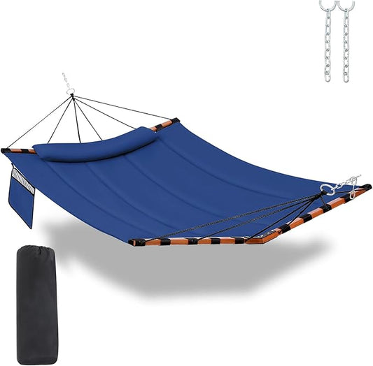 TegerDeger 12FT 2 Person Hammock Large Hammock 450LB Capacity with V Shaped Hardwood Spreader Bar & Nylon Rope for Outside, Patio, Garden, Backyard, Beach, Poolside - Blue