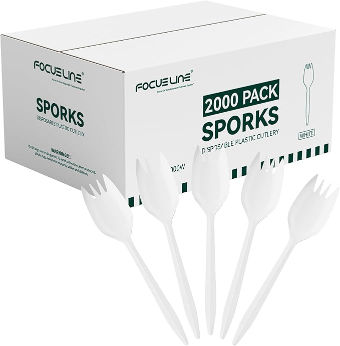 FOCUSLINE 2000 Pack White Disposable Sporks, Heat Resistant Plastic Sporks Bulk, Plastic Silverware for Take out Restaurants, Parties, Picnics, Travel & Any Events