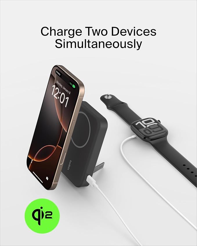 Belkin Portable Charger, Wireless Power Bank 15W 8000 mAh w/ Qi2 - MagSafe Charger w/Built-in Pop-up Kickstand - Compatible w/iPhone 17, Air, Pro, Pro Max, Google Pixel 10, etc. - Black
