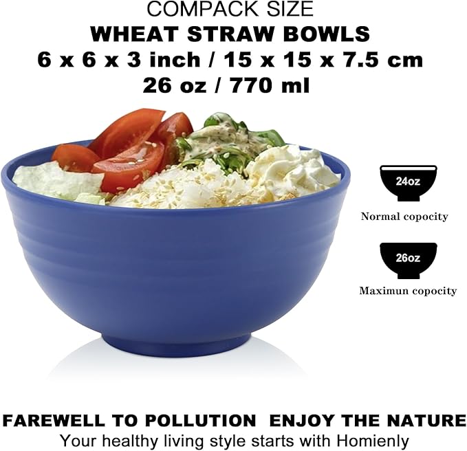 Homienly Unbreakable Cereal Bowls Set of 8-26 OZ Soup Bowls Microwave and Dishwasher Safe Wheat Straw Bowl Assorted Color Dessert Bowls for Serving Soup, Oatmeal, Pasta and Salad (Gradient Blue)