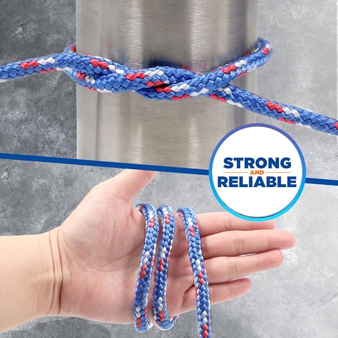 Braided Polypropylene Rope, 5/16" x 50FT, Blue/White/Red - Multi-Purpose for Camping, Hiking, Climbing, Boating & Securing Gear