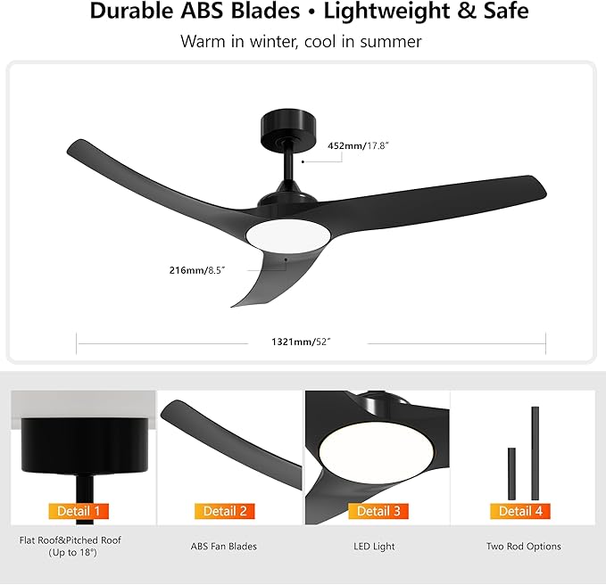 52 Inch Ceiling Fan with Light and Remote, 3 Blades, Quiet DC Motor, Reversible Fan with Dimmable LED Light, for Bedroom Living Room, Black