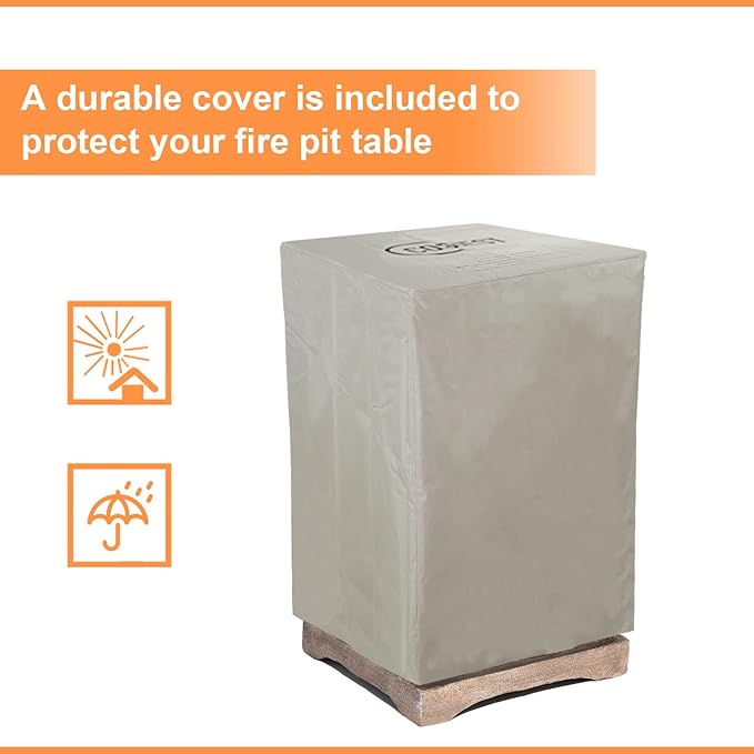 COSIEST Outdoor Propane Fire Pit Table w Faux Brown Compact Ledge Stone 20" Square Base and Faux Rose-Marble Round Bowl, CSA Certified, 40,000 BTU, Free Lava Rocks, Fits 20lb Tank Inside, Raincover