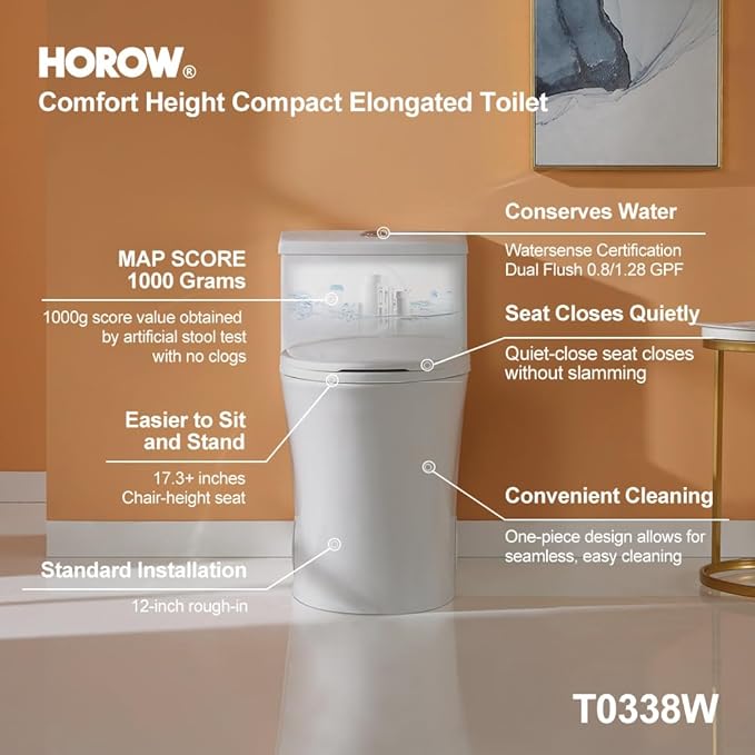 HOROW T0338W Compact One Piece Toilet with Comfort Chair Seat ADA Height 17.3", Elongated Dual Flush 0.8/1.28 GPF and MAP 1000g, Standard White Toilet Bowl