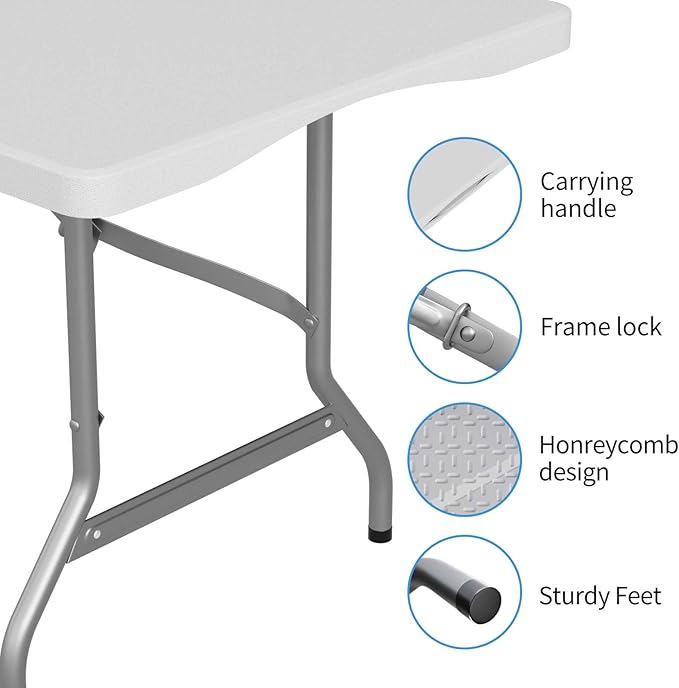 FWTI Deal 6 Feet Foldable Table, Built in Carrying Handle & Alloy Steel Legs, Heavy Duty Portable for Party, Dining, Wedding, Events, Picnic, Indoor, Outdoor, Camping, Utility, White
