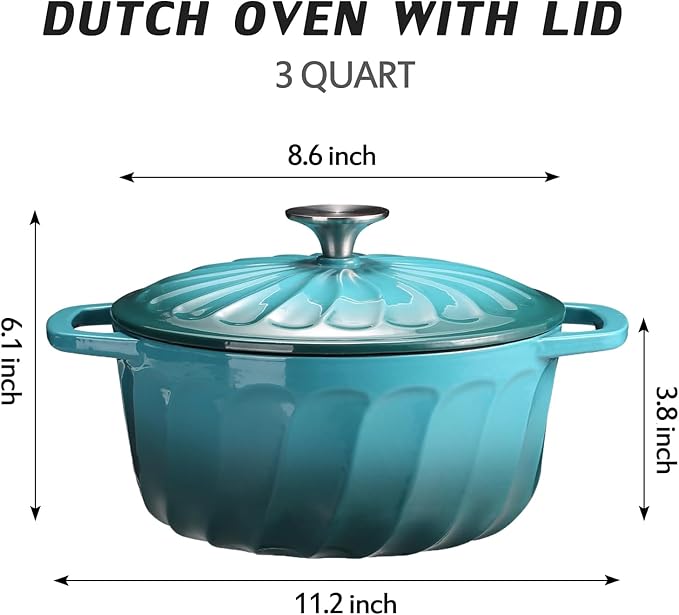 Enameled Cast Iron Dutch Oven with Lid, 3 QT Cast Iron Dutch Oven Pot, Heavy Duty Cast Iron Pot for for Bread Baking, Cook, Bake, Oven Safe across All Cooktops (BlueGreen,3 QT)