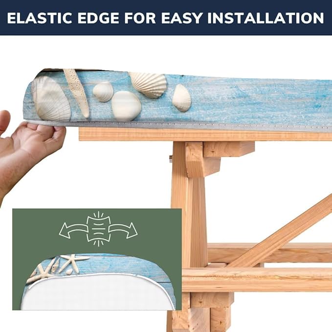 CAPSCEOLL Picnic Table Cover with Bench Covers Waterproof Camping Tablecloth Sea Shells Outdoor Table Protector with Drawstring Bag for Camping Essentials, 72X30in, Summer Blue Wood