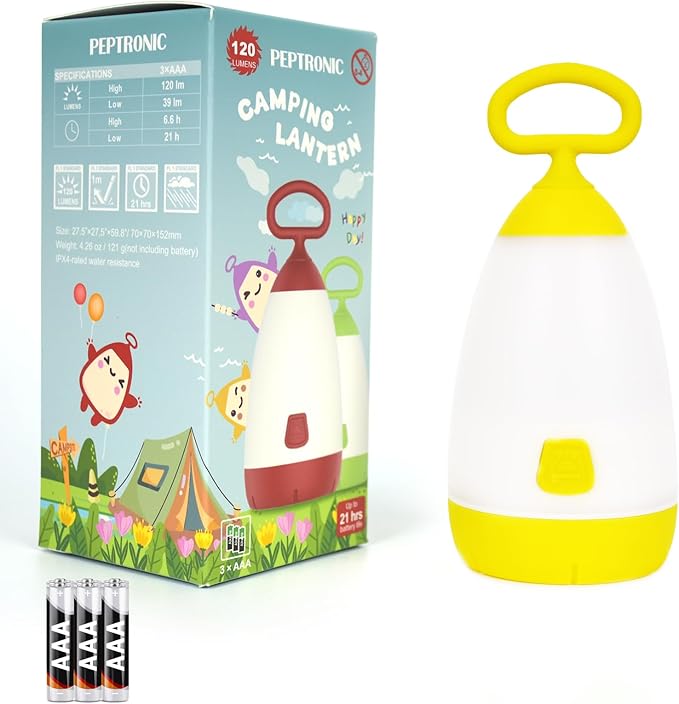 Kids Camping Lantern & Night Light Battery Powered, 360° Eye-Safe Light (AAA Included), IPX4 Waterproof with RGB Modes Portable for Outdoor, Emergency & Bedtime, Gift for Children (Yellow)
