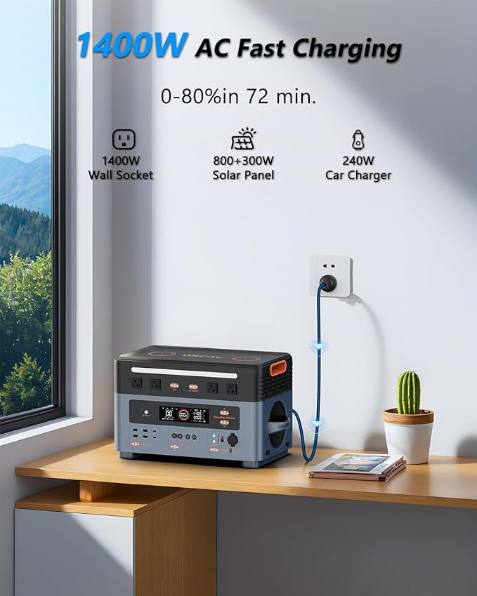 OSCAL 2400W Solar Power Station PowerMax 2400, 1872Wh Expandable LiFePO4 Battery Generator with 4 AC Outlets (5000W Peak), 1400W Fast AC Charging, APP Control Emergency Power Station for Home, RVs