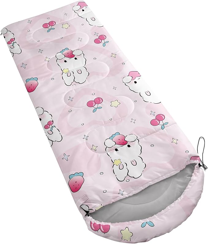AILONEN Pink Lovely Rabbit Sleeping Bag for Girls Kids Adults,Warm and Cool Weather,Lightweight,Waterproof Backpacking,Cartoon Flowers Printed Bunny Sleeping Bag for Camping