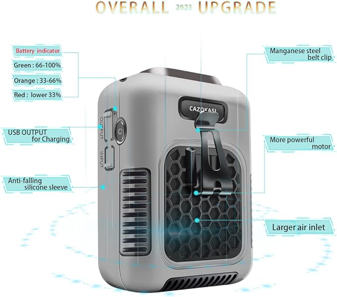 CAZOKASI Upgrade Waist Clip Fan Wearable Fan Portable Cooling and Heatstroke Prevention Fan (Industrial orange black) (Industrial gray black)