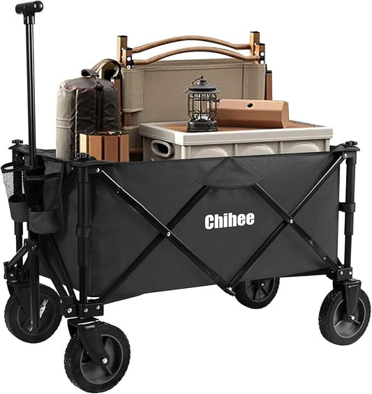 Chihee Folding Wagon Cart Garden Cart Heavy-Duty with 2 Cup Holders,Camp Cart for Gimballed Wheels with Braking System Large Capacity Removable Fabric,for Sporting Events,Camping,Beach Trips