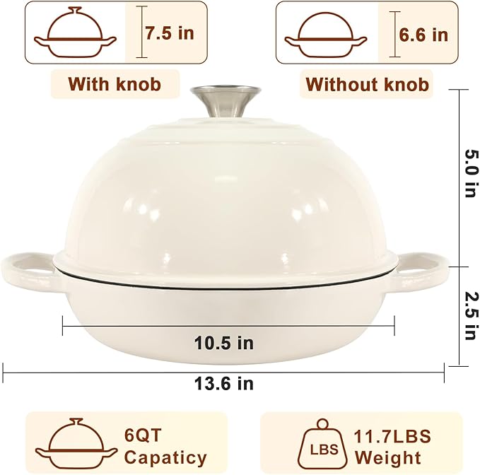 AHJ 6QT Dutch Oven For Bread Baking, Enameled Cast Iron Dutch Oven Pot with Lid, Multi-Functional Bread pan, Sourdough Baking Supplies with Proofing Basket, Cast Iron Bread Oven, Silicone Sling & Gloves.