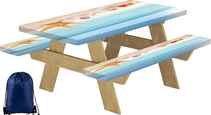 CAPSCEOLL Picnic Table Cover with Bench Covers Waterproof Camping Tablecloth All-Weather Outdoor Table Protector with Drawstring Bag for Camping Essentials, 72X30in, Sea Beach