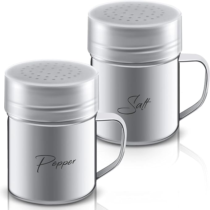2-pack 13.5oz Stainless Steel Salt and Pepper Shakers with Lid and Handle Seasoning Dredge Shaker for Cooking Kitchen Baking Salt Candy