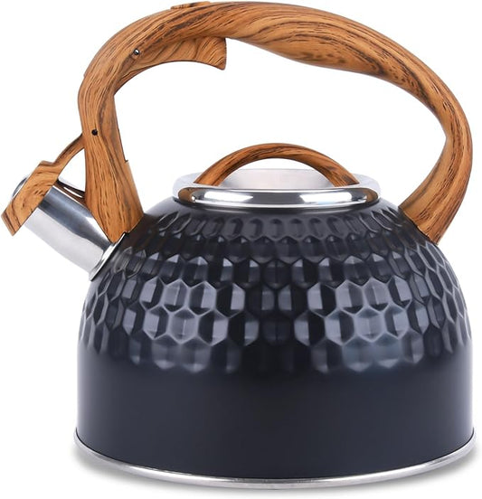 GGC 3L Loud Whistling Tea Kettle for Stove Top, Stainless Steel Kettle with Wood Pattern Handle for Boiling Water Milk or Coffee, Unique Button Control Kettle Outlet, Premium Black Kettle with a towel
