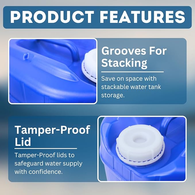 5-Gallon Stackable Water Storage Containers, 5 Gallons Each w/Lids + Spigot, Easy Fill, Survial Supply Emergency Water Storage for Camping and Disaster Preparedness, RV, 10 Gallon (2 Tanks)