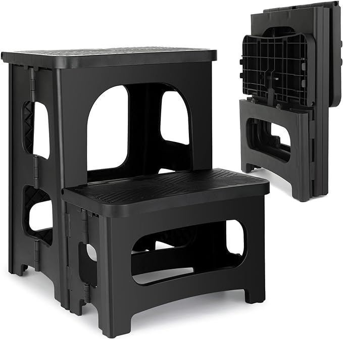 Amoise Folding 2-Step Stool, Non-Slip Portable Footstool 8'' & 17'' Dual Heights, Holds 300 lbs, Portable Footstool for Kitchen Home Toilet Bedroom Office Bathroom RV(Black)