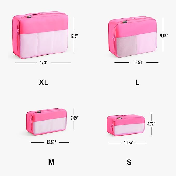 4 Set Compression Packing Cubes for Travel, Suitcases and Backpack Space Saving Organizers (Pink)