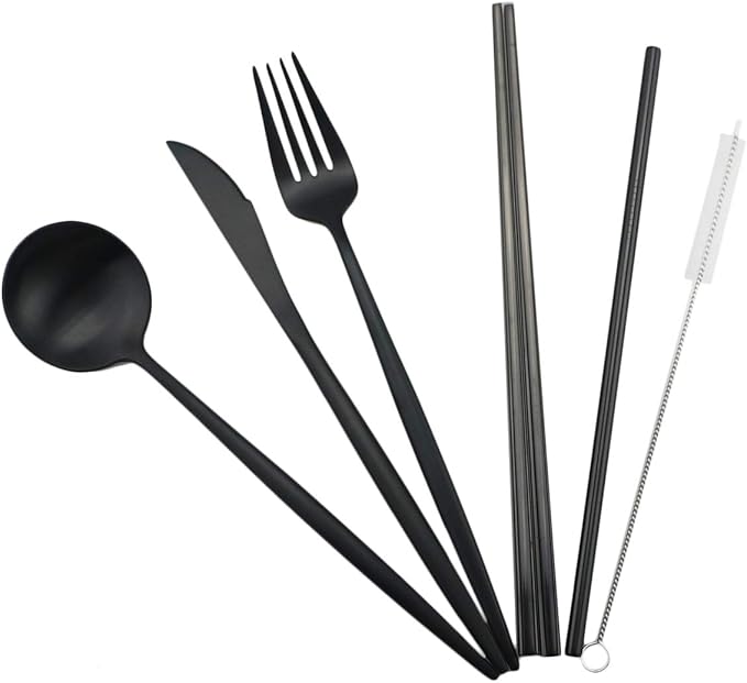 Gugrida Reusable Travel Utensils, 7 Piece Portable 304 Stainless Steel including Knife Fork Spoon Chopsticks Cleaning Brush Straws Portable Pouch, Eco-friendly Camping Silverware Set, Dishwasher Safe