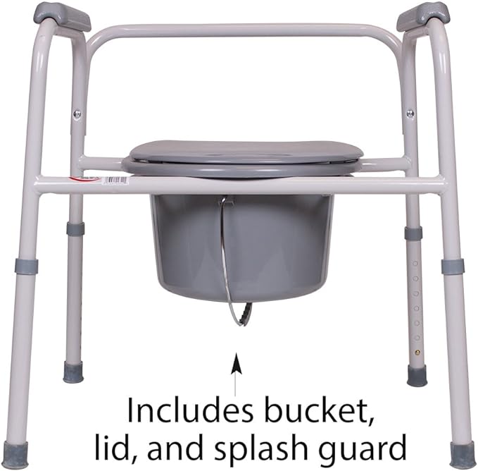 Carex 3-in-1 Folding Bedside Commode and Raised Toilet Seat, Portable Toilet for Camping, Supports Up to 300lbs, Bedside Commodes for Seniors, Adult Potty Chair with Bucket, Lid, and Splash Guard