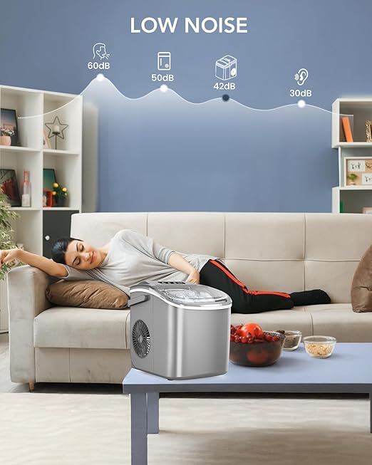 Ice Maker Countertop, Efficient Easy Carry Ice Machine, Self-Cleaning Ice Maker with Ice Scoop & Basket, 9pcs/ 8mins 26.6Lbs Per Day for Home/Office/Kitchen,Grey