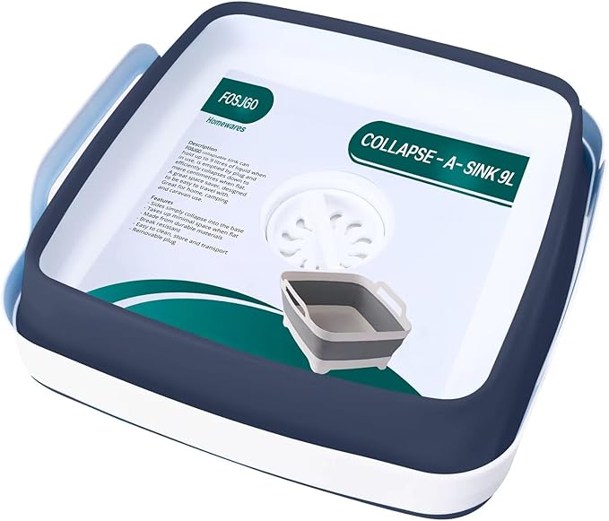 2.4 Gal(9L) Collapsible Dish Basin with Drain Plug,Space Saving Multiuse Foldable Sink Tub,Dishpan,Kitchen Sink for Camping,Plastic Tub,Vegetable Washing,RV