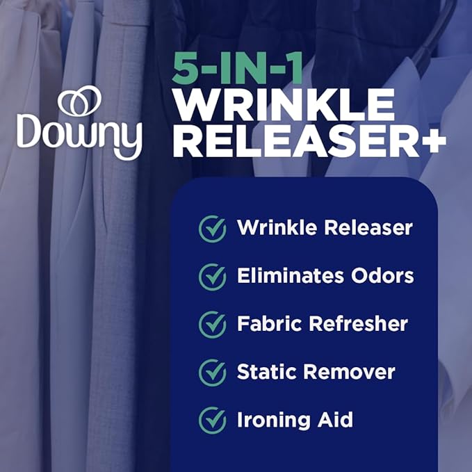 Downy Wrinkle Releaser Spray All In One Wrinkle Release Spray Travel Size, Odor Eliminator, Static Remover Fabric Refresher & Ironing Aid for Clothes 3 Fl Oz (Pack of 2), Crisp Linen Scent