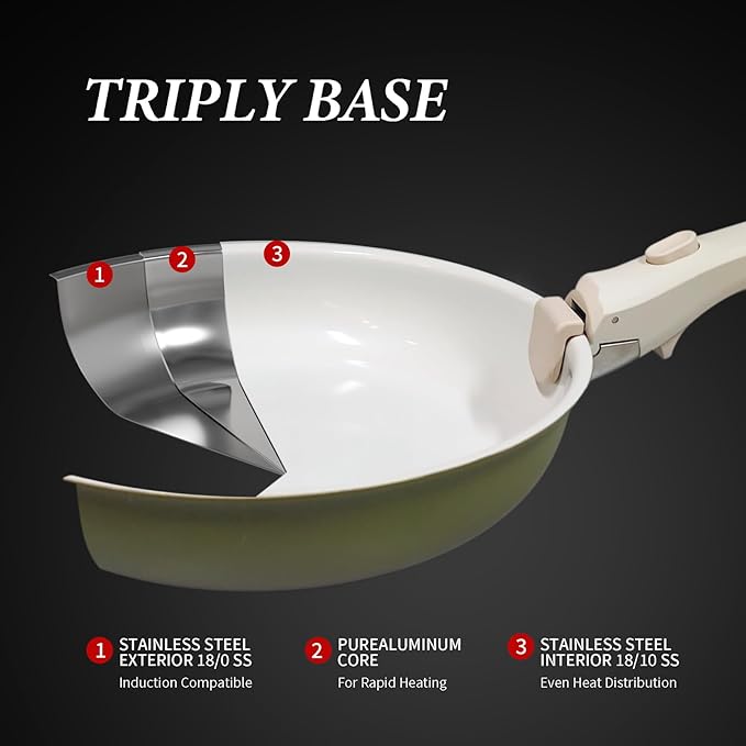 3-ply Stainless Steel Frying Pan,With Titanium Ceramic Coating,Detachable Handle,Dishwasher and Induction&Oven Safe,Compatible All Cooktops,10 inch