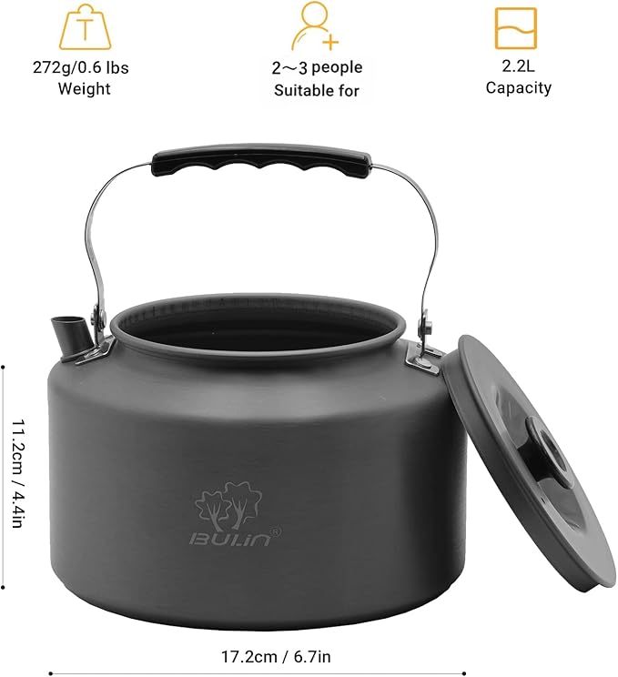 Bulin Camping Kettle, 2.2L Large Portable Stovetop Tea Kettle Fast Heating Boiling Hot Water for Open Fire Lightweight Coffee Pot with Anti-Scald Handle & Carry Bag for Outdoor Hiking Picnic Travel