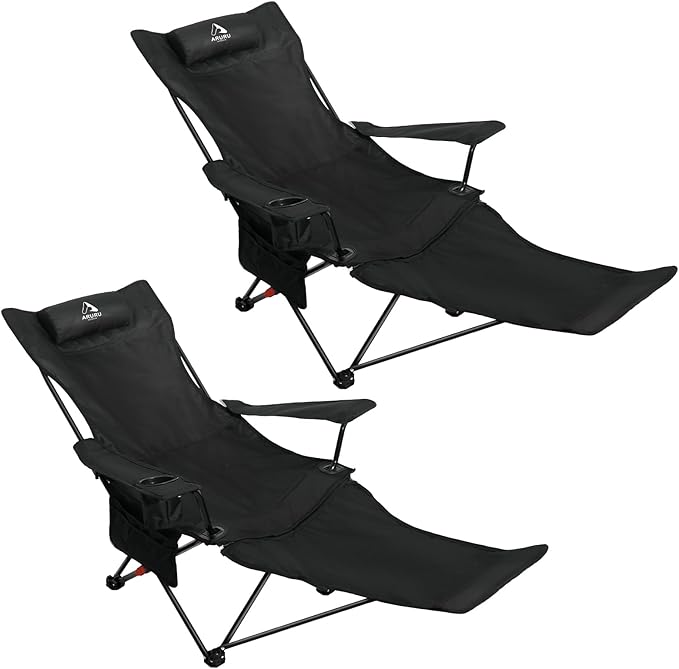 2-in-1 Reclining Camping Chair, Portable Folding Beach Lounge Chair with Footrest & Adjustable Backrest, Comfortable Lawn Chair for Adults Heavy Duty with Cup Holder for Outdoor Poolside Sports