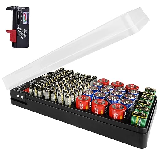 Battery Organizer Storage Case Holder with Tester Holds 98 Battery