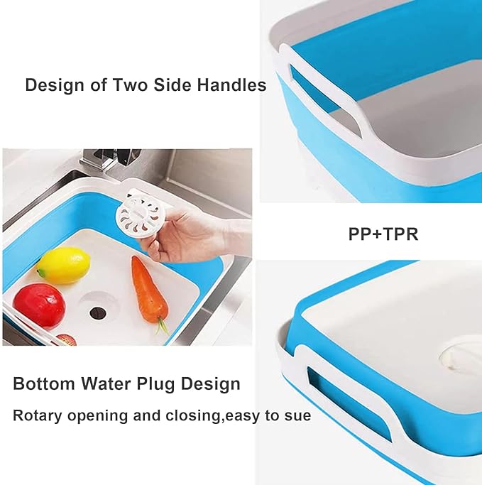 9L (2.4Gallon) Dish Basin Collapsible with Drain Plug Carry Handles , Space Saveing Kitchen Storage Tray Dish Wash Basin, Portable Dish Tub for Camping ,RV,Blue
