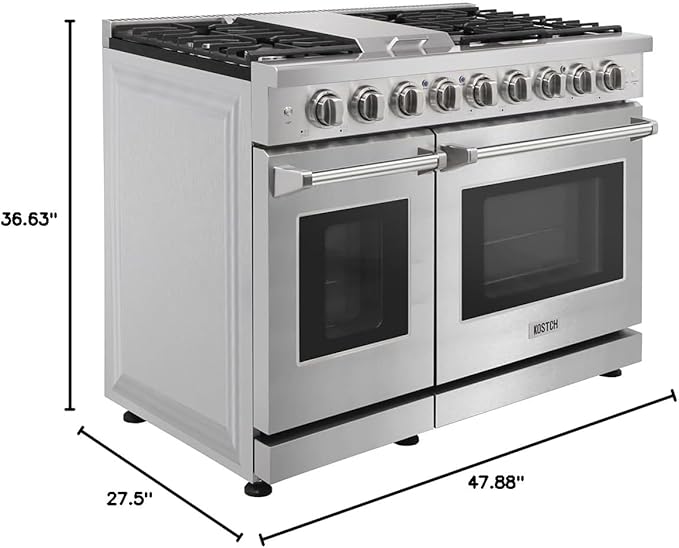 48 inch Pro-Style Natural Gas Range or Liquid Propane Gas Range with 6 Burners & 1 Griddle Cooktop, Double 4.6 cu. ft. and 2.2 cu. ft. Oven, in Stainless Steel - KOS-48RG03M (Stainless Steel)