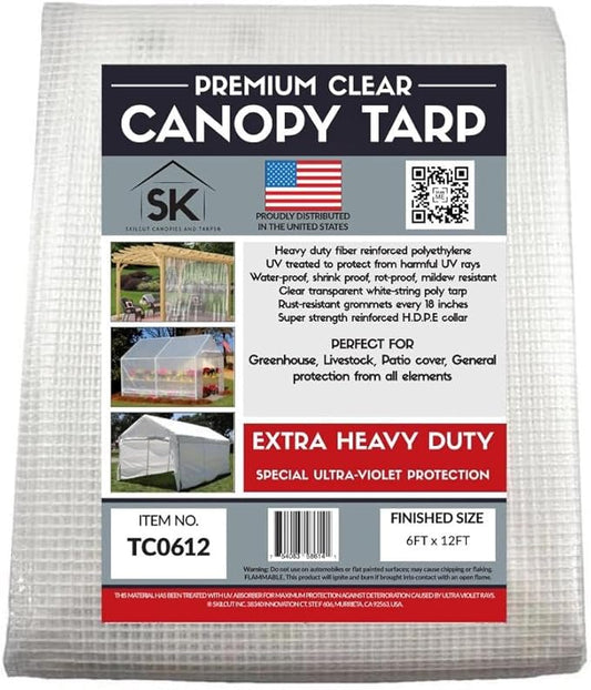 16 Mil Clear Poly Heavy Duty Tarp with Fiber Reinforcement - True Size Tarps with UV Protection, Tear Resistance, Flexibility, Reinforced Corners 6x12