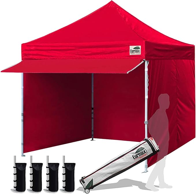 Eurmax USA 10 x 10 Pop up Canopy Commercial Tent Outdoor Party Canopies with 4 Removable Zippered Sidewalls and Roller Bag Bonus 4 Canopy Sand Bags & 24 Squre Ft Extended Awning(Red)
