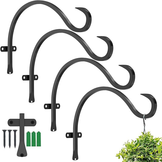 GameXcel Hanging Plant Bracket, 4PCS 12in Large Plant Hangers Outdoor Indoor Heavy-Duty Metal Wall Plant Hooks Plant Hanger with Screws for Home Decor Bird Feeders Lanterns Wind Chimes Decorative