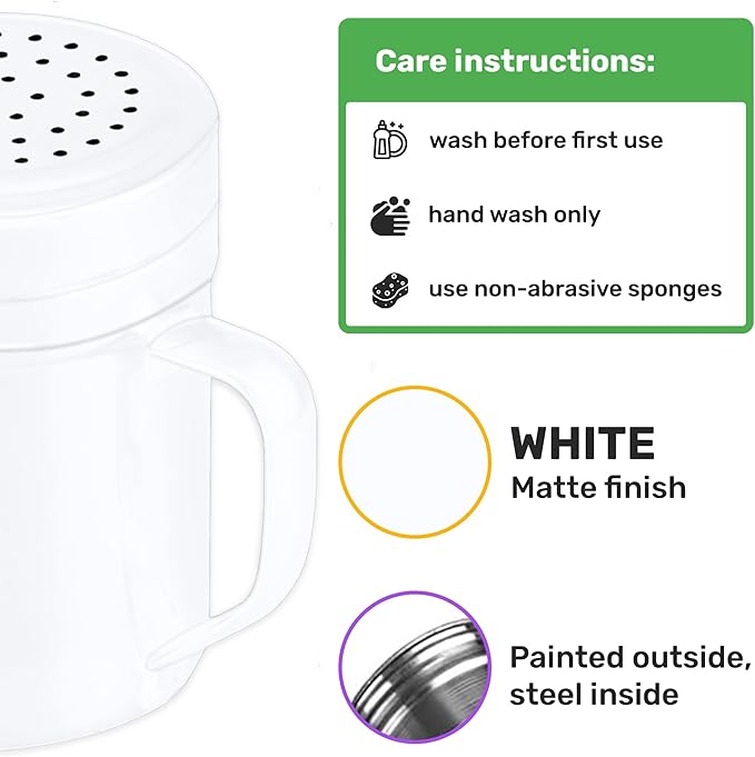 CUSINIUM 10oz White Stainless Steel Salt Pepper Dredge Shakers - With Plastic Cap - With Handle - Pack of 2