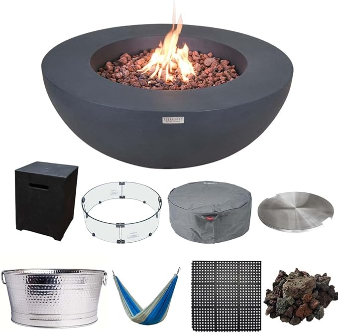Elementi Lunar Bowl Dark Grey Fire Pit Bundle Includes 42” Propane Concrete Firepit, Glass Windscreen, Stainless Steel Cover, Tank Cover, Canvas Cover, Floor Mat, Hammock, Beverage Tub