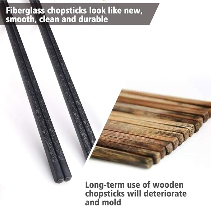 GLAMFIELDS 10-Pairs Fiberglass Chopsticks - sushi Reusable Chop sticks for food, Dishwasher Safe, 9.5 Inches - Black Flower