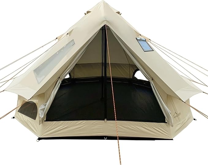 DANCHEL OUTDOOR B2I Inflatable Camping Tent 9.8ft, No Center Pole Lightweight Blow Up Bell Tent with Stove Jack, Skylight, Pump, Waterproof 300D Oxford Glamping Yurt for 1-3 Person Family