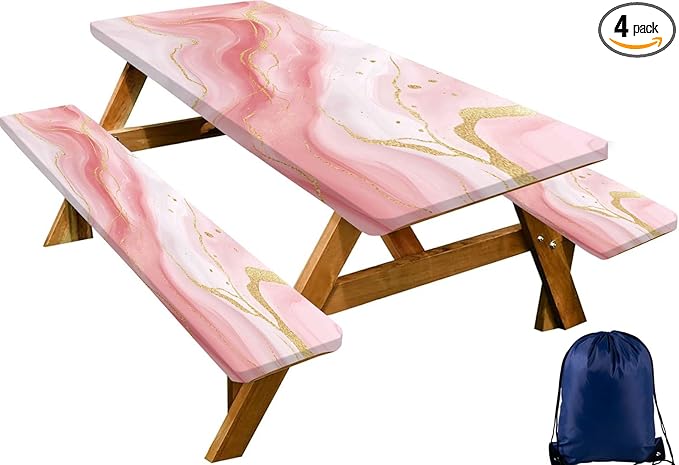 CAPSCEOLL Fitted Picnic Table Cover with Bench Covers with Elastic 6Ft Waterproof Camping Picnic Table Cover Cloths for Outdoors Camping Tablecloth with Drawstring Bag, 72X30in, Pink Marble