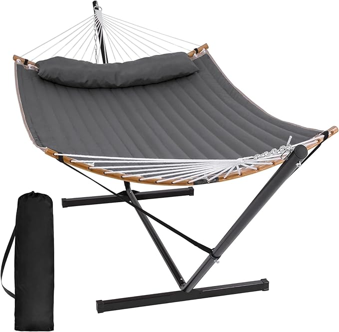SUNCREAT Double Portable Hammock with Stand, 2 Person Hammock with Curved Spreader Bar, Balance Ropes Included, Dark Gray