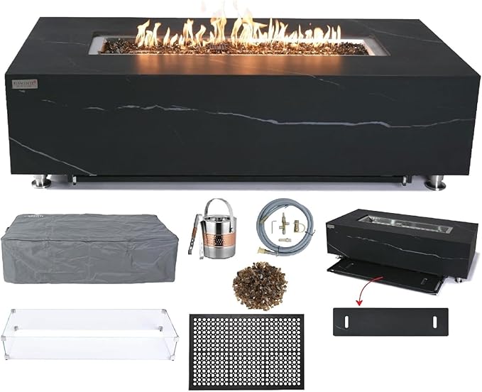 Elementi+ | Bundle Varna Gas Fire Pit | Marble Porcelain & Metal Frame | 60" Rectangular Fire Table | Electronic Ignition | Canvas Cover, Fire Glass & Burner Lid Included | Black | Natural Gas