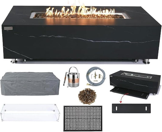 Elementi+ | Bundle Varna Gas Fire Pit | Marble Porcelain & Metal Frame | 60" Rectangular Fire Table | Electronic Ignition | Canvas Cover, Fire Glass & Burner Lid Included | Black | Natural Gas