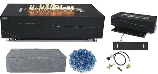 Elementi+ | Varna Gas Fire Pit | Marble Porcelain & Metal Frame | 60" Rectangular Fire Table | Electronic Ignition | Canvas Cover, Fire Glass & Burner Lid Included | Black | Propane Gas