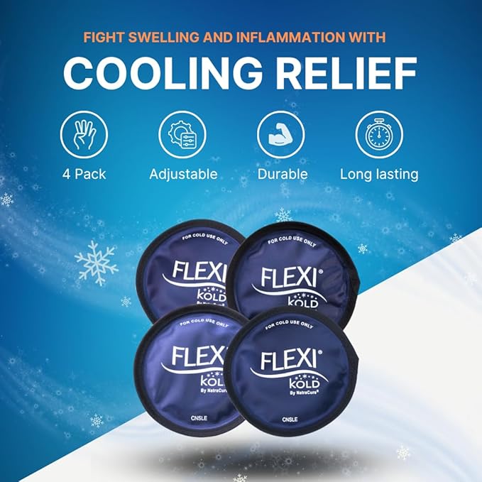 FlexiKold Gel Ice Pack Circles w/Straps (4 Pack) - Small Ice Packs, Reusable Ice Pack for Injuries, Ice Packs Reusable, Breastfeeding, Wisdom Teeth, Sinus Headaches - 6304-STRAP4PK by NatraCure