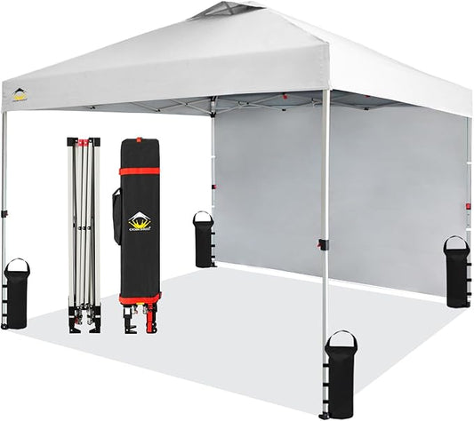 CROWN SHADES 10x10 Pop Up Canopy with 1 Side Wall - Beach Tent with One Push Setup - Outdoor Sun Shade for Events, Parties, Camping - Gazebo with STO-N-Go Cover Bag (White)