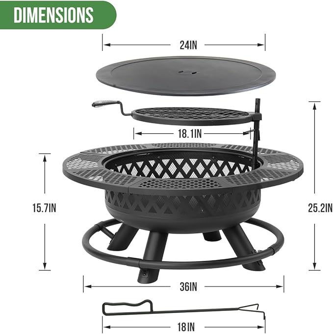 36 Inch Fire Pit with Grill,Wood Burning Fire Pits for Outside with Lid& Fire Poker,Round Metal Firepit Table 3 in 1 with Cooking Grate,Outdoor Firepits for Yard Patio Bonfire Camping(Black)